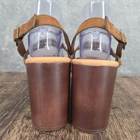 Cato Platform Block Heel Sandals 10 W Brown Faux Leather Strappy Ankle Boho Chic - Picture 7 of 14